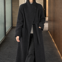 Coat Wool-Rich Blend Asymmetric Wrap Front with Stand Collar