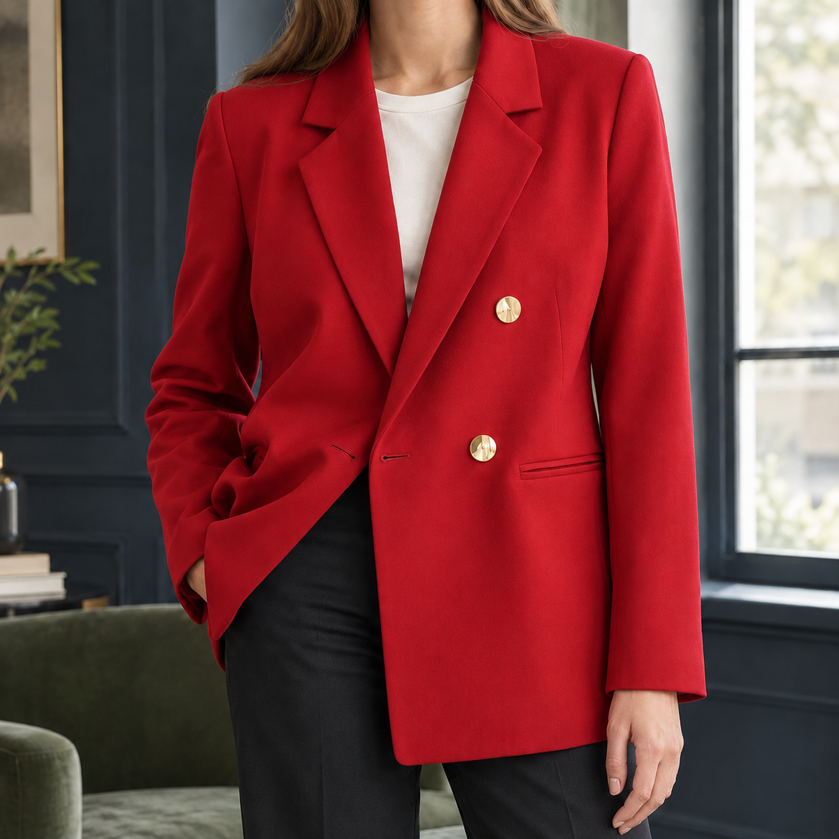 Blazer Polyester Double-Breasted with Notched Lapels and Gold Buttons
