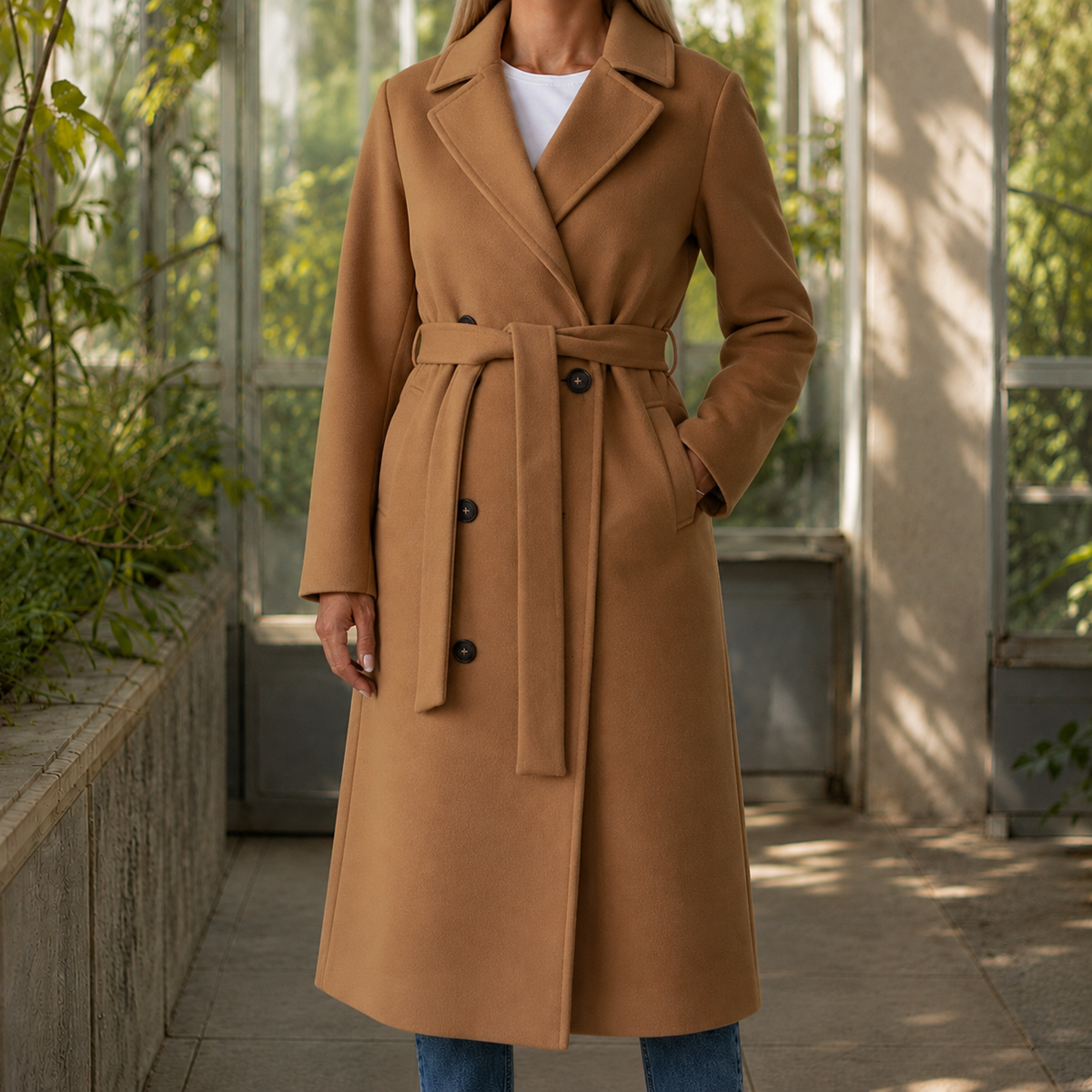 Overcoat Polyester Tailored Double-Breasted with Self-Tie Waist Belt