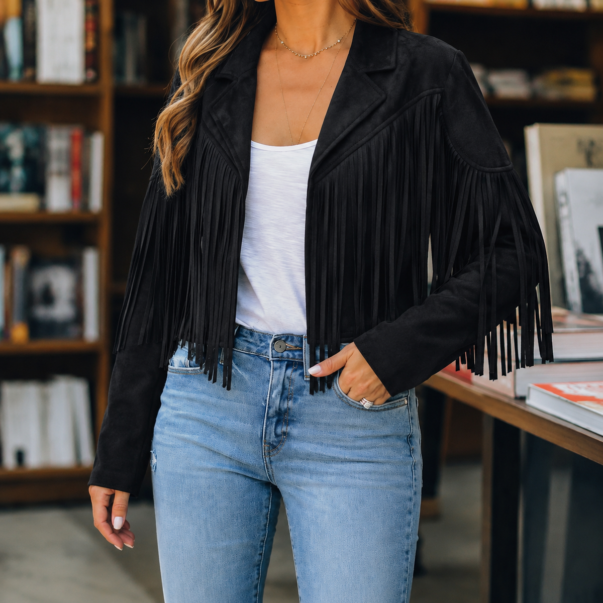 Fringe Jacket Polyester Cropped Open Front with Notched Lapel