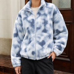 Zip Jacket Polyester Plush Textured Loose with High Stand Collar