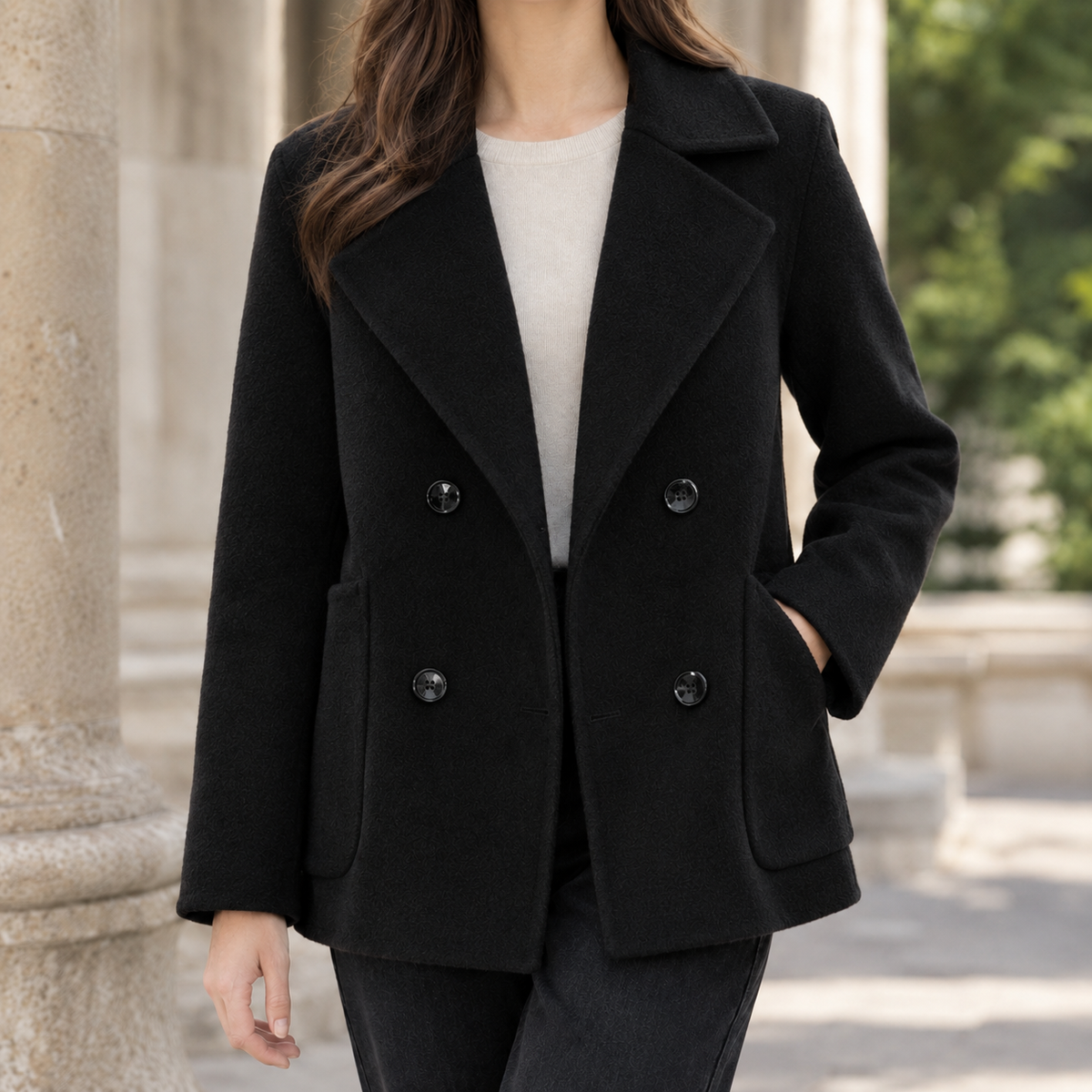 Jacket Polyester Double-Breasted Short Relaxed with Patch Pockets