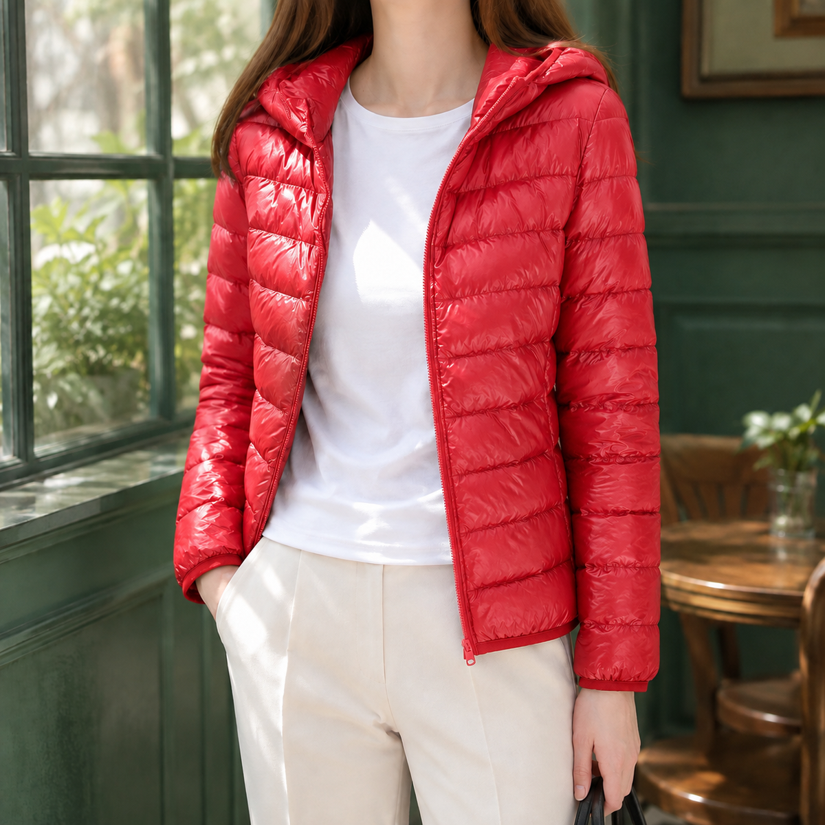 Hooded Jacket Cashmere-Feel Slim with White Duck Down and Full Zip