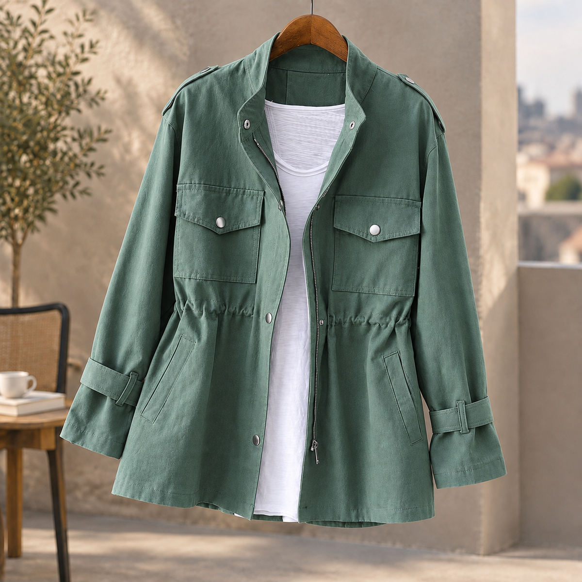 Utility Jacket Cotton Blend with Stand Collar, Epaulettes and Drawcord