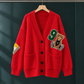 Bear Motif Cardigan with Dropped Shoulders