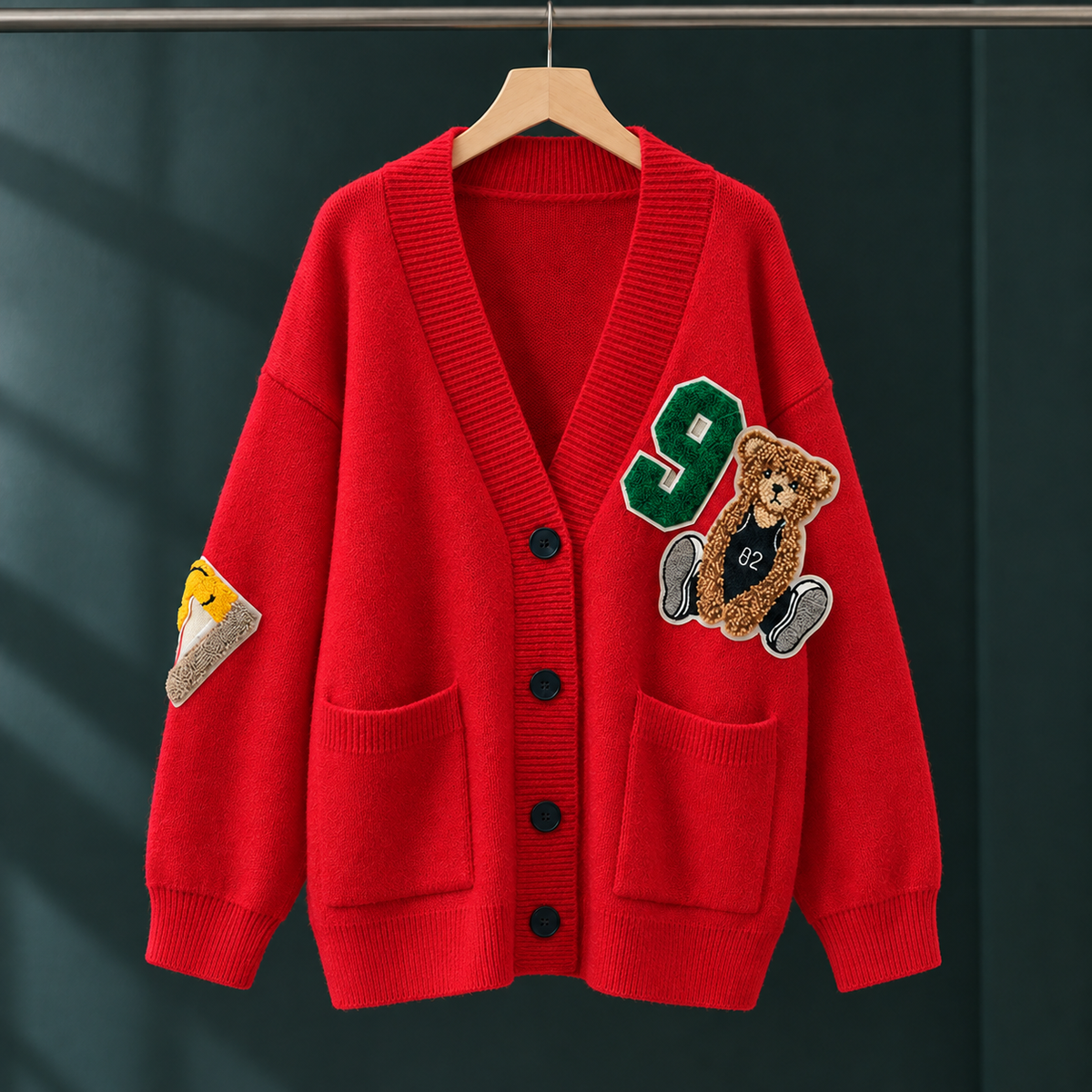 Bear Motif Cardigan with Dropped Shoulders