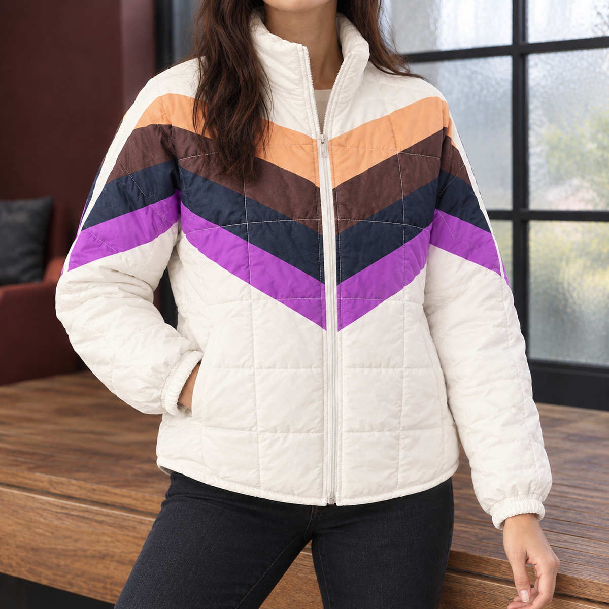 Quilted Jacket Polyester Loose Hip-Length with Chevron Colourblock