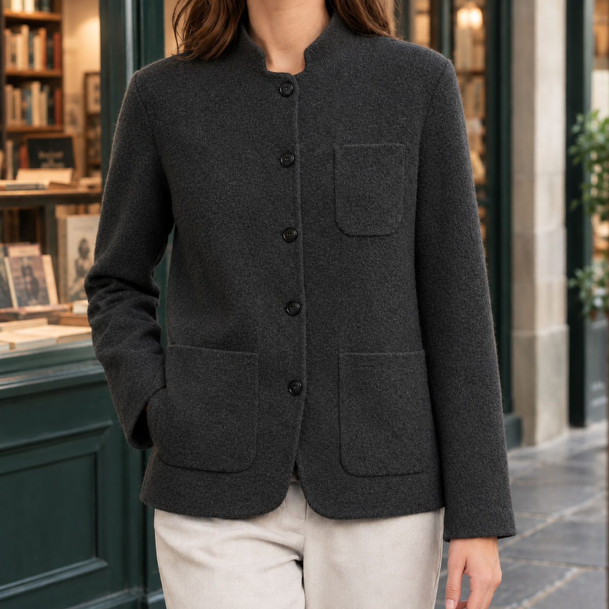 Jacket Wool Stand Collar with Five-Button Front and Patch Pockets