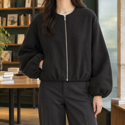 Balloon Sleeve Jacket Polyester Cropped with Round Neck and Full Zip
