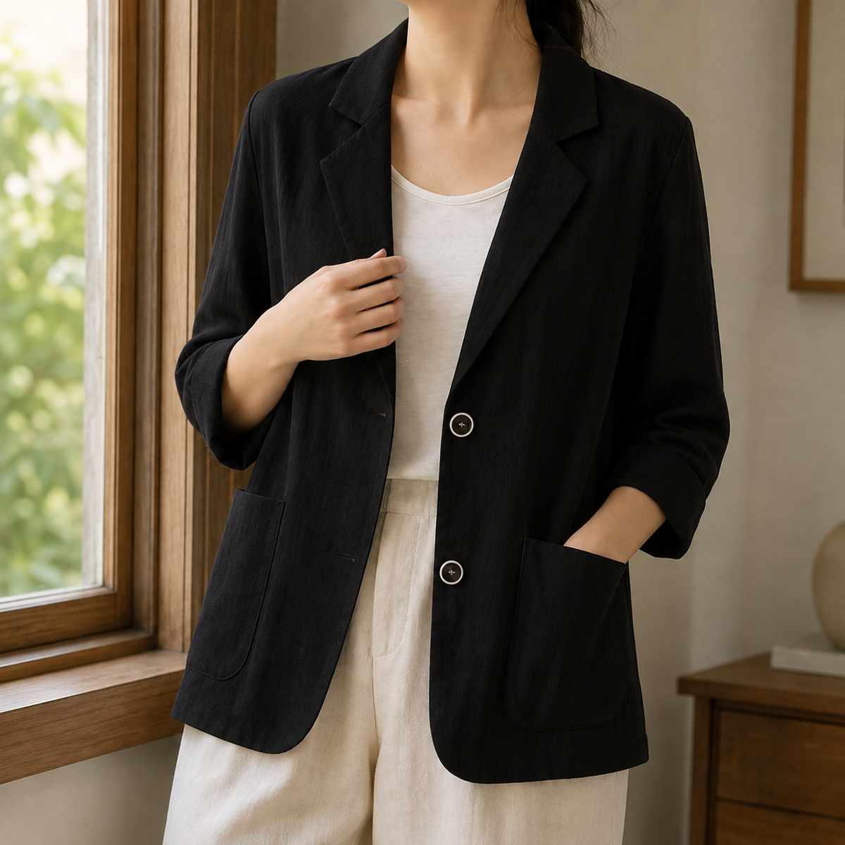 Blazer Polyester Relaxed Hip-Length with Two-Button Front