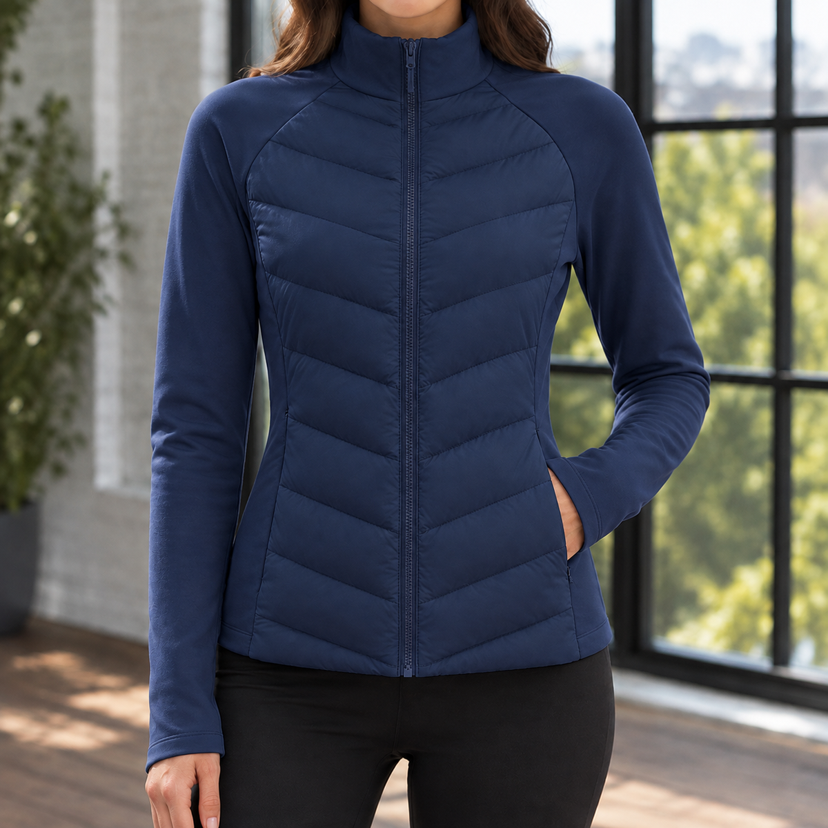 Quilted Jacket Polyester Chevron Quilting with Stand Collar and Zip