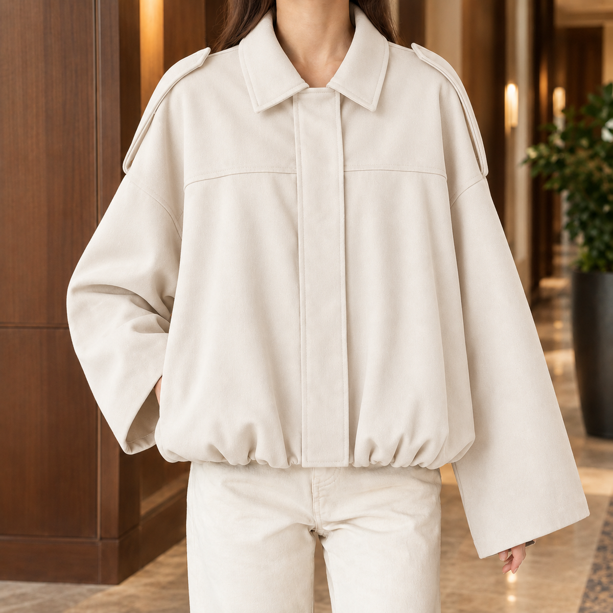 Blouson Jacket Faux Suede with Concealed Zip and Gathered Hem