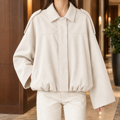 Blouson Jacket Faux Suede with Concealed Zip and Gathered Hem