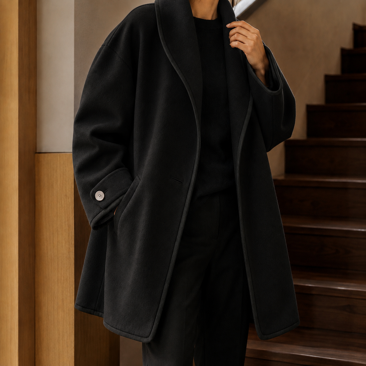 Coat Wool Blend Oversized with Shawl Collar and Contrast Piped Edging