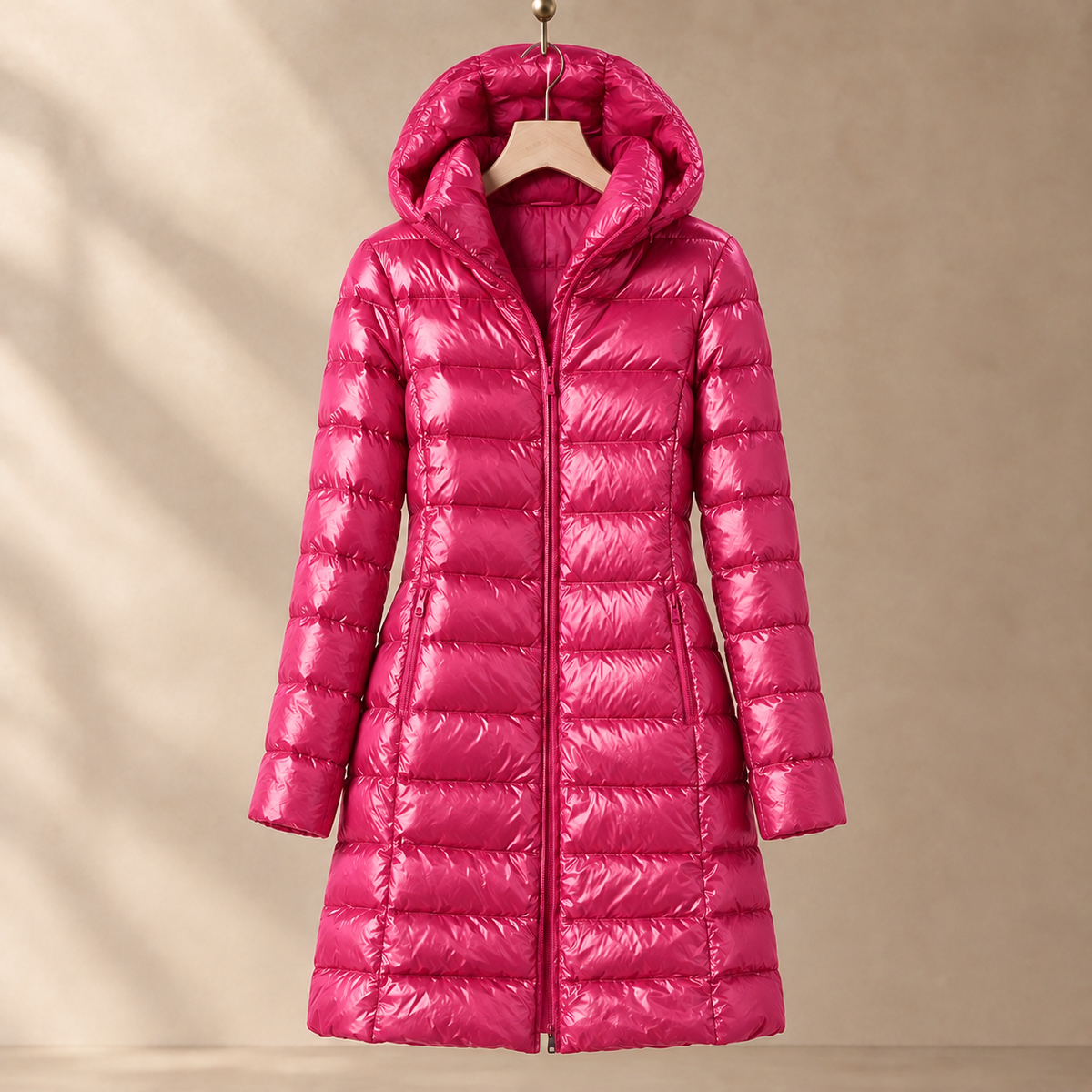 Jacket Duck Down Quilted Slim Mid-Length with Padded Hood and Zip