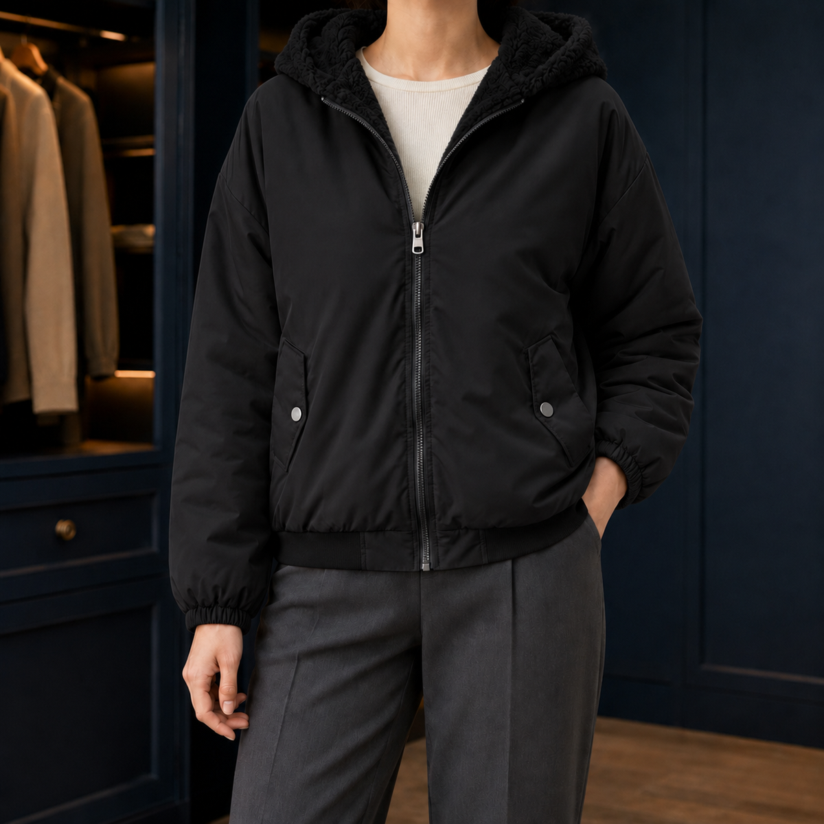 Hooded Jacket Polyester Fleece-Lined with Full Zip and Snap Pockets