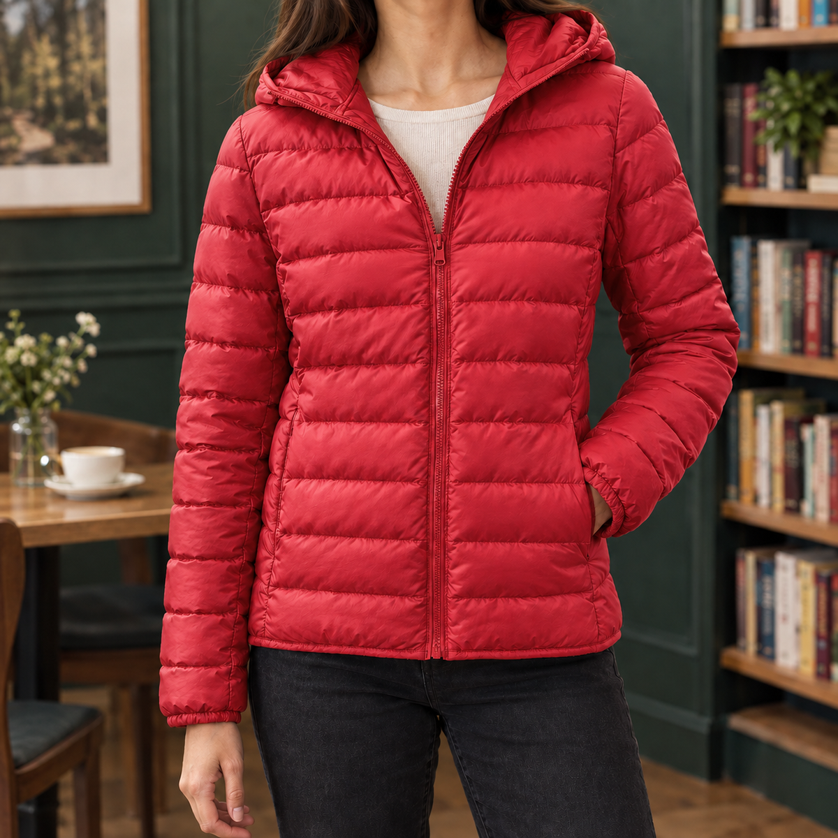 Puffer Jacket Cashmere-Feel with Hood, Down Filling and Full Zip