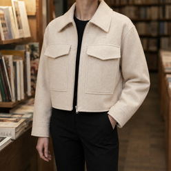 Boxy Jacket Polyester Cropped with Pointed Collar and Flap Pockets