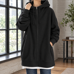 Oversized Fleece Zip Hoodie, Thigh Length