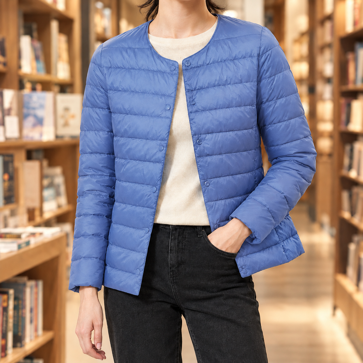 Quilted Jacket Polyester Slim Short with Round Neckline and Snap Front