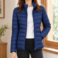 Quilted Jacket Polyester Lightweight with Stand Collar and Full Zip