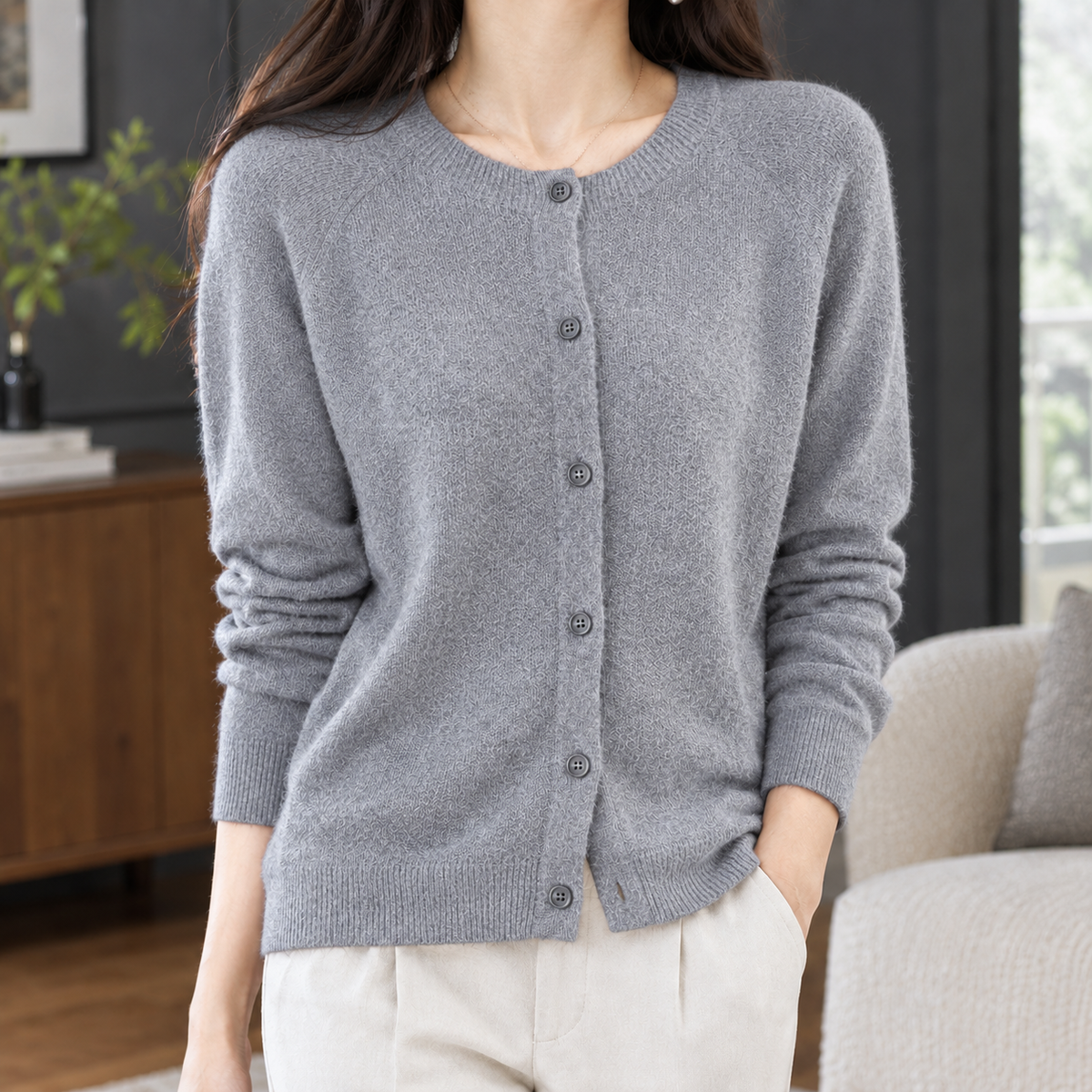Relaxed Round Neck Button Cardigan