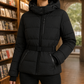 Quilted Jacket Polyester with Padded Hood, Zip Pockets and Belt