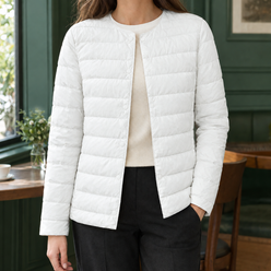 Quilted Jacket White Duck Down Filled Slim Hip-Length with Snap Front