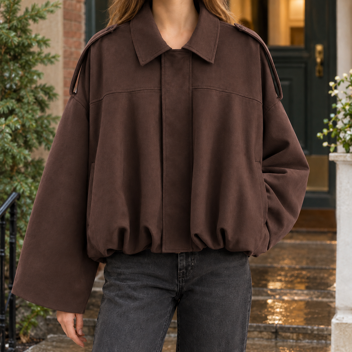Bomber Jacket Faux Suede Oversized with Batwing Sleeves and Zip