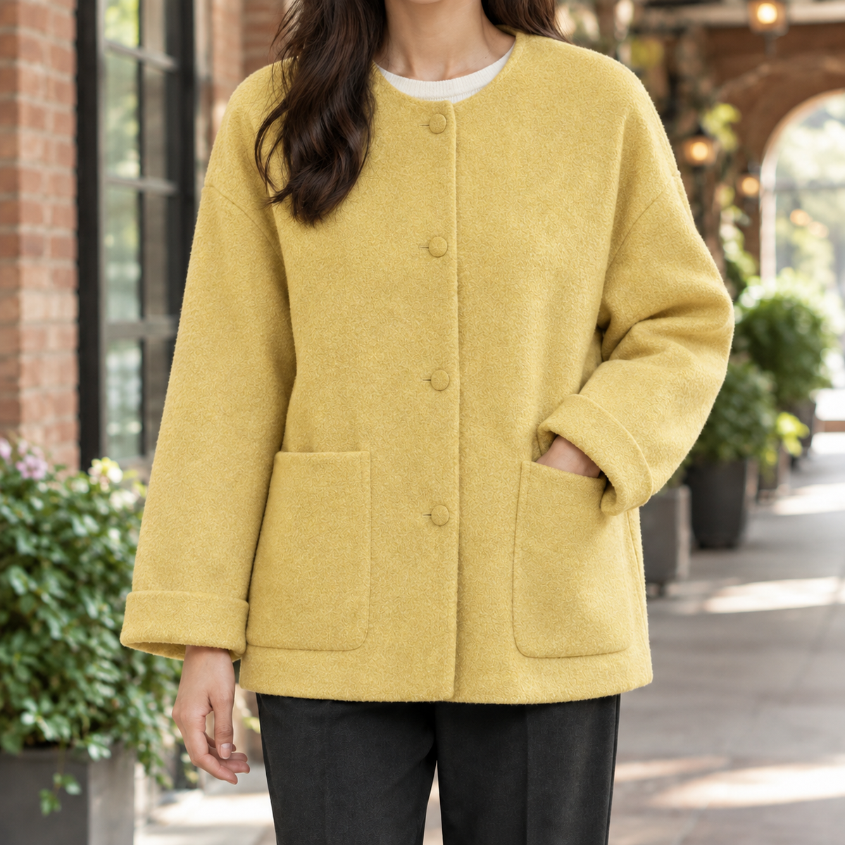 Jacket Wool Relaxed Short with Round Neckline and Covered Buttons