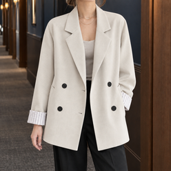 Blazer Cotton Blend Relaxed Double-Breasted with Striped Cuffs
