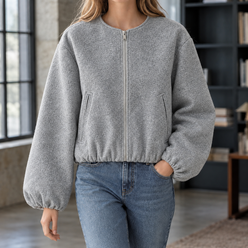 Jacket Polyester Cropped with Balloon Sleeves and Full Zip