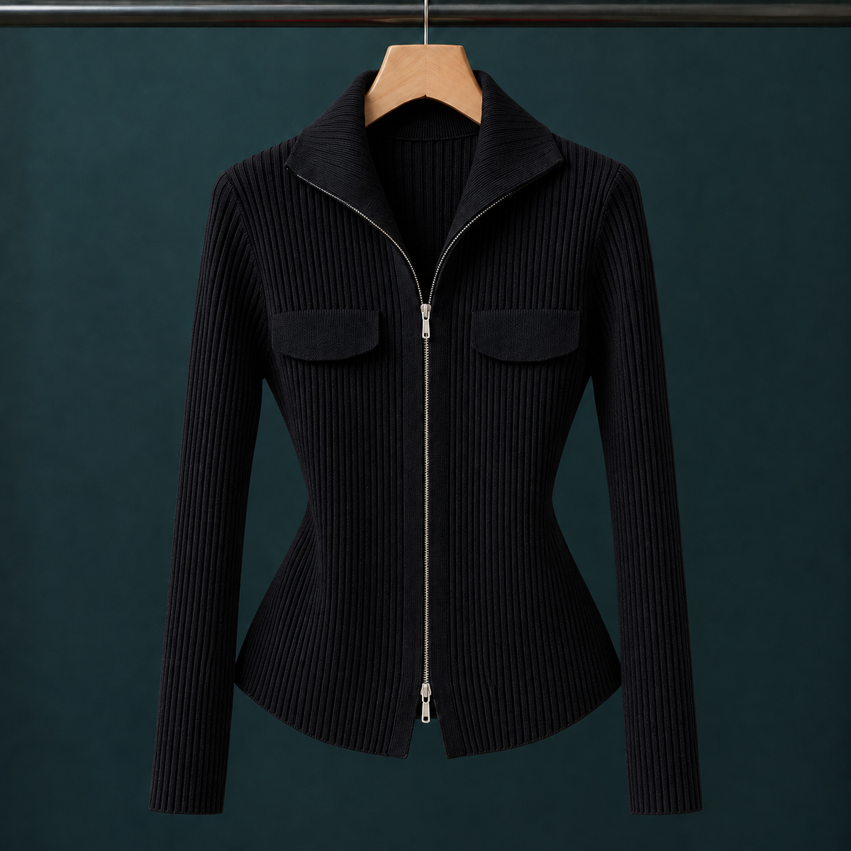 Ribbed Zip Cardigan with Shaped Profile