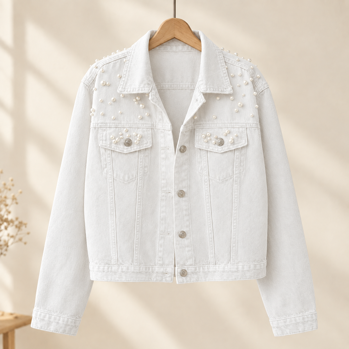 Denim Jacket Cropped with Pearl Beading and Flap Chest Pockets