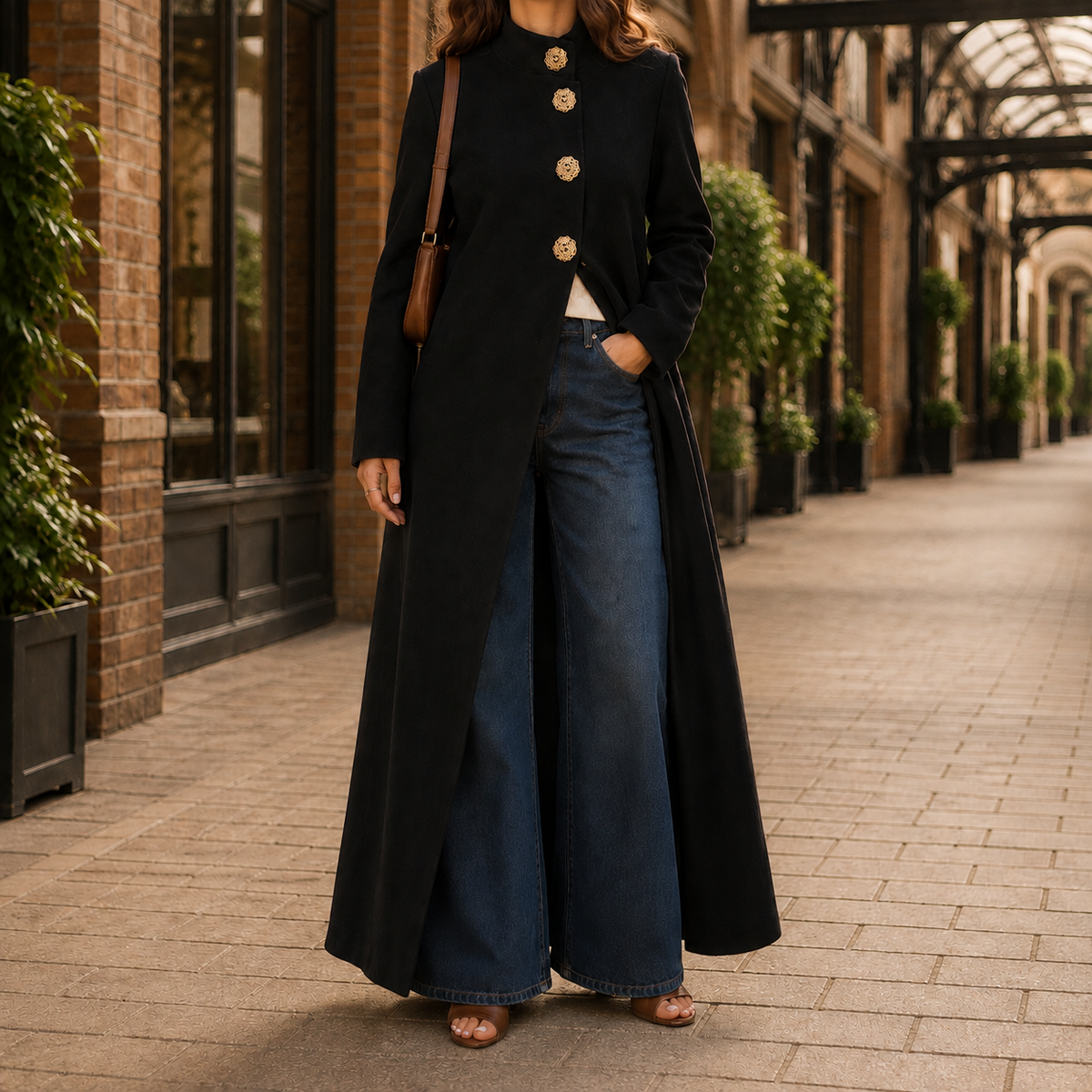 Longline Jacket Polyester with High Stand Collar and Gold-Tone Buttons
