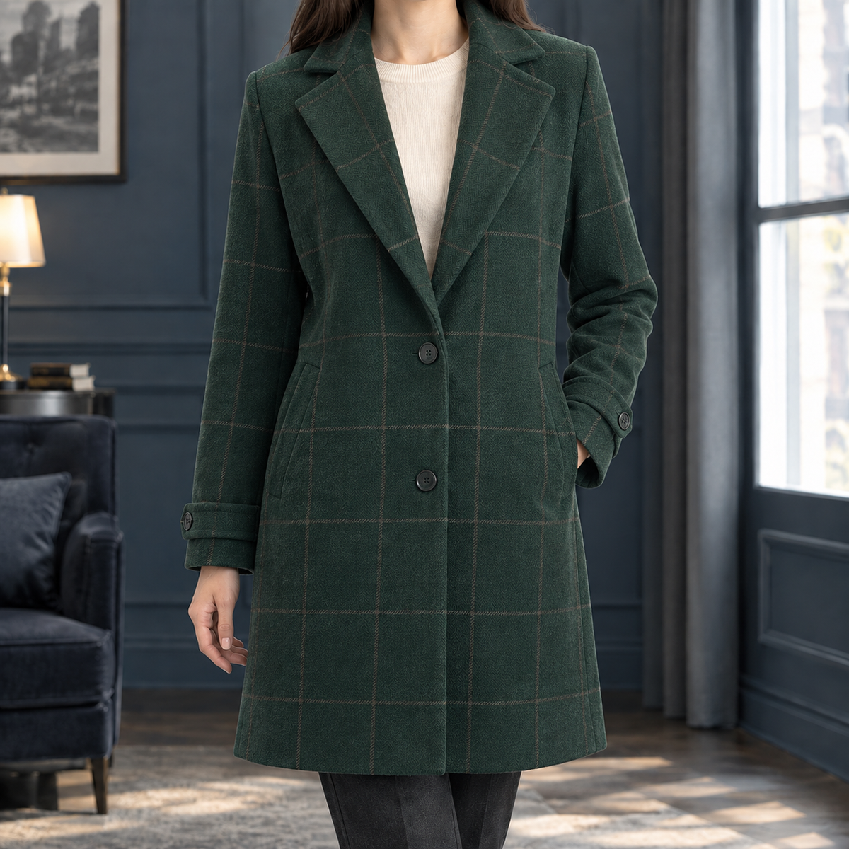 Coat Polyester Windowpane Mid-Length with Notched Lapels
