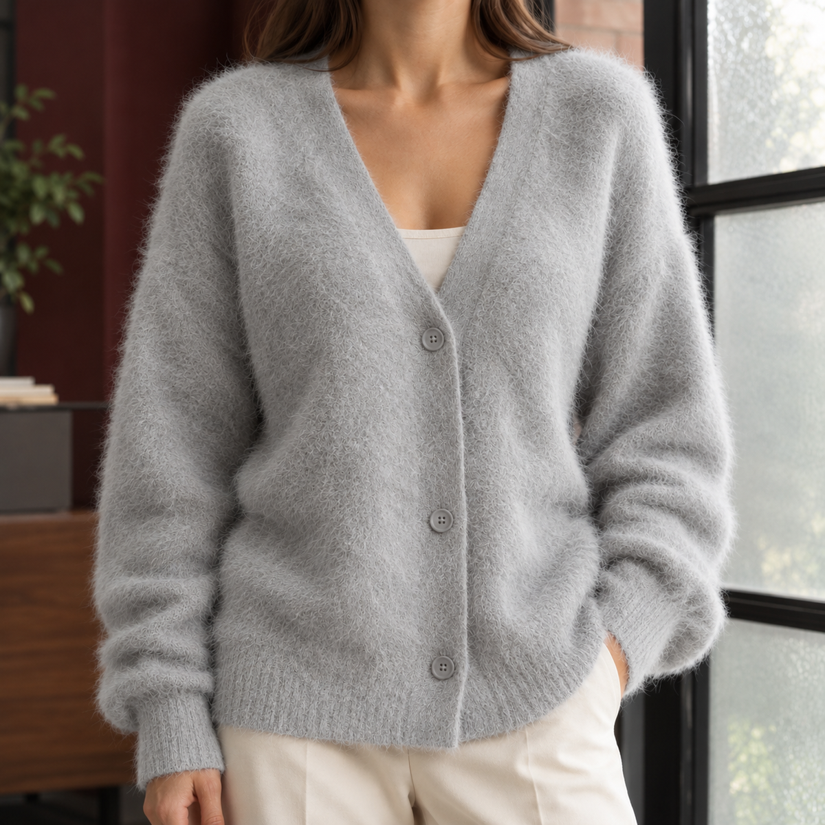Oversized Wool-Blend V-Neck Cardigan