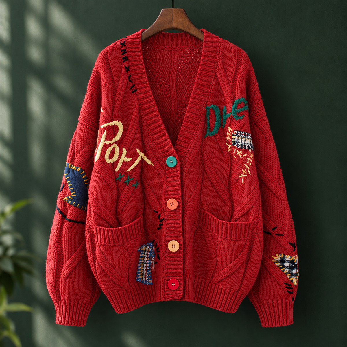 Embroidered Chunky Cable Cardigan