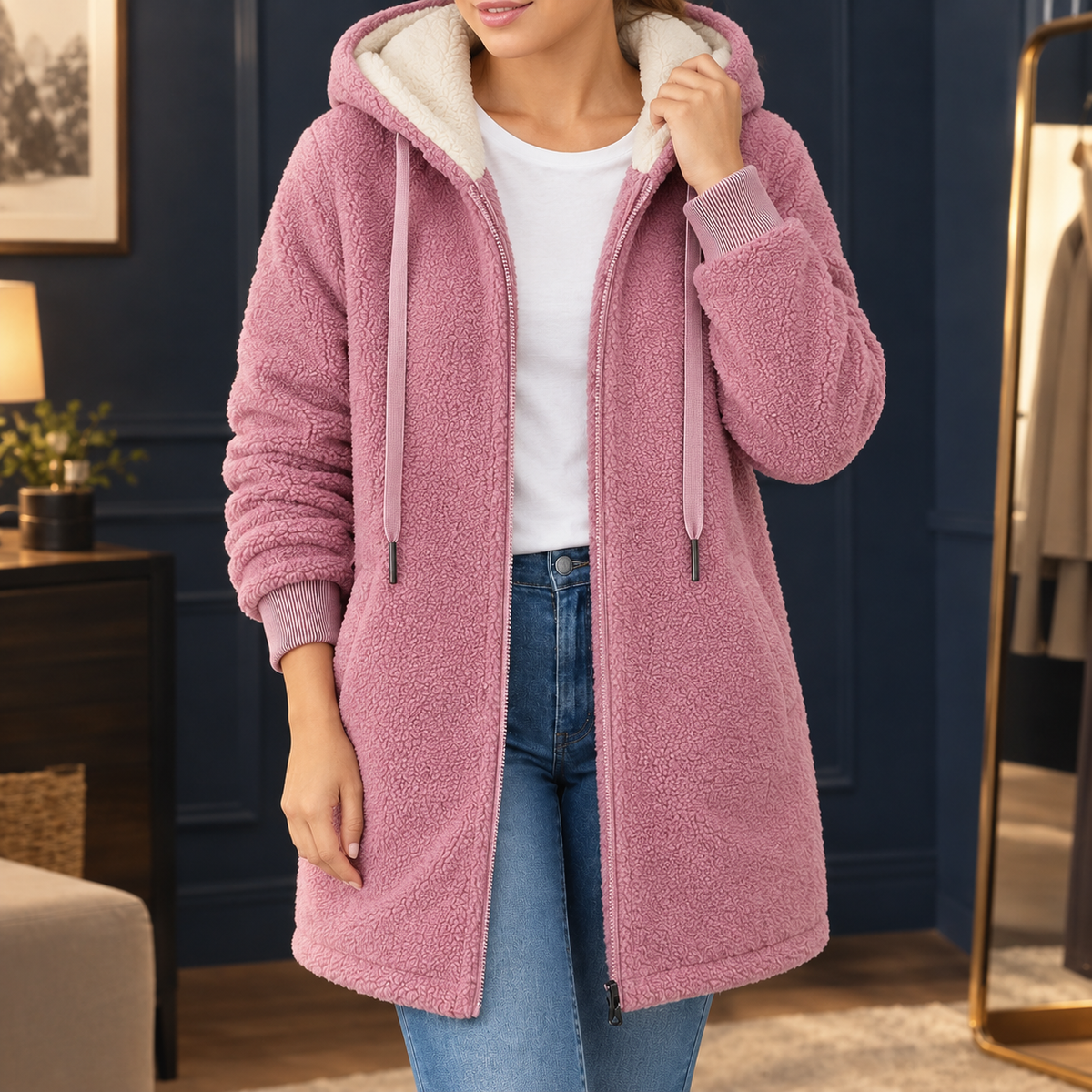 Fleece Jacket Plush Hooded Longline with Cream-Lined Hood and Zip