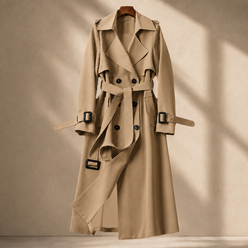 Overcoat Polyester Longline with Wide Lapels, Tie Belt and Cuff Straps