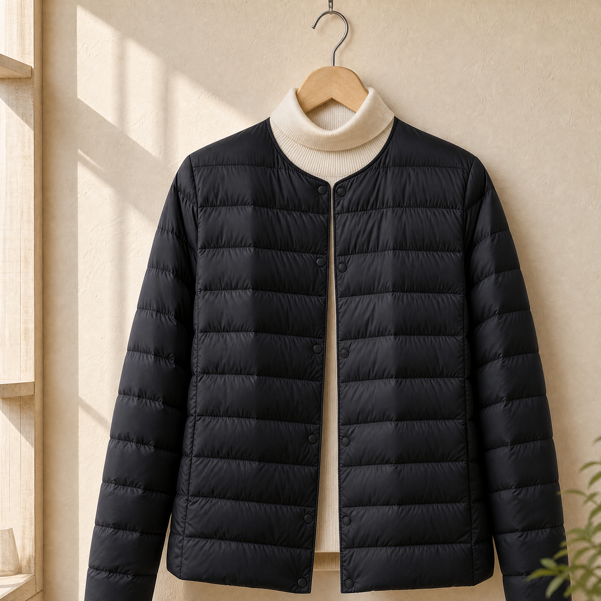 Quilted Jacket Cashmere-Feel with Round Neckline and Tonal Snap Front