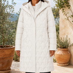 Puffer Jacket Polyester Longline with Geometric Quilting and Hood