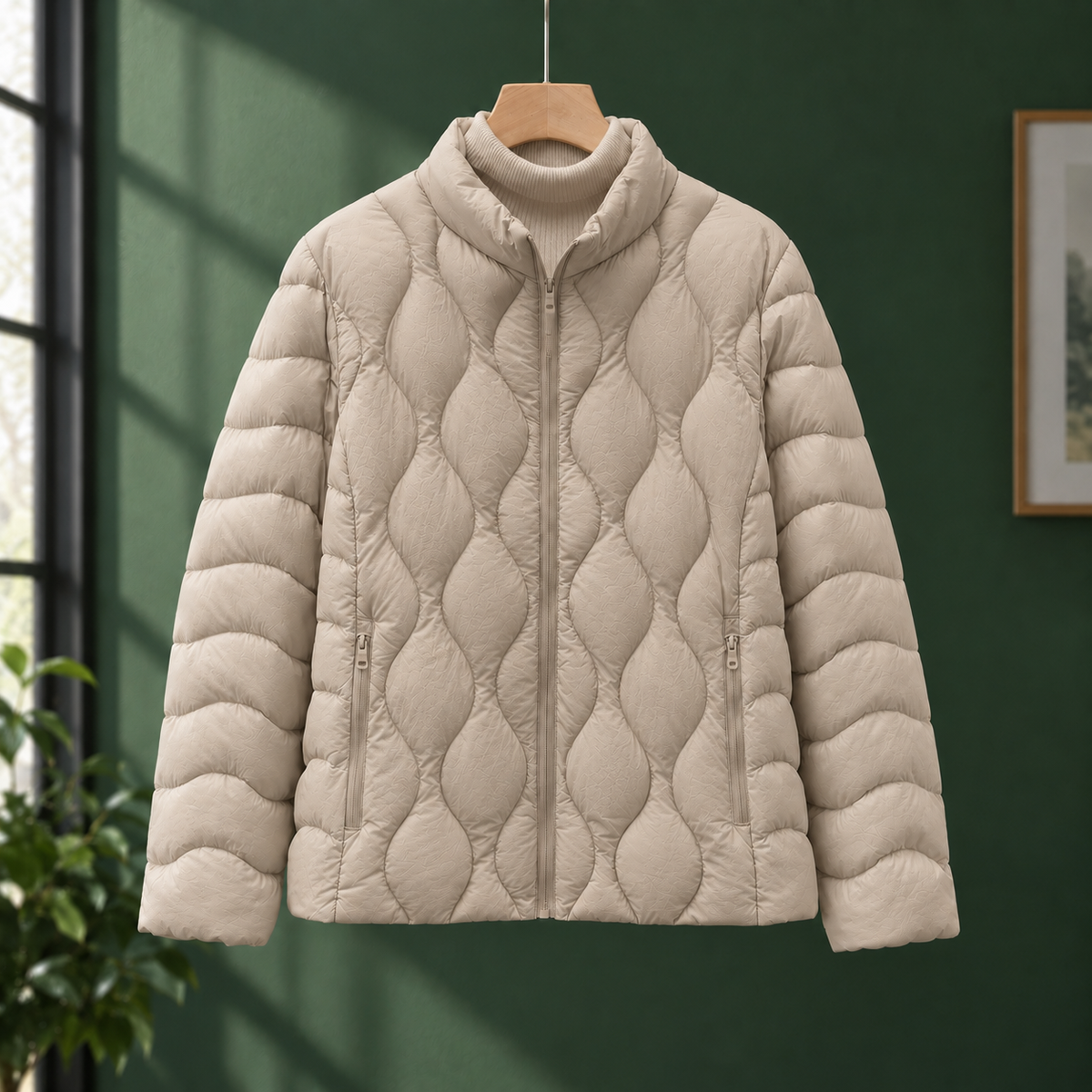 Quilted Jacket Duck Down Filled with Wave Quilting and Full Zip
