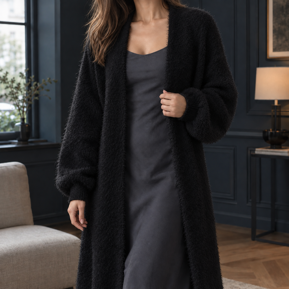 Plush Longline Open-Front Cardigan