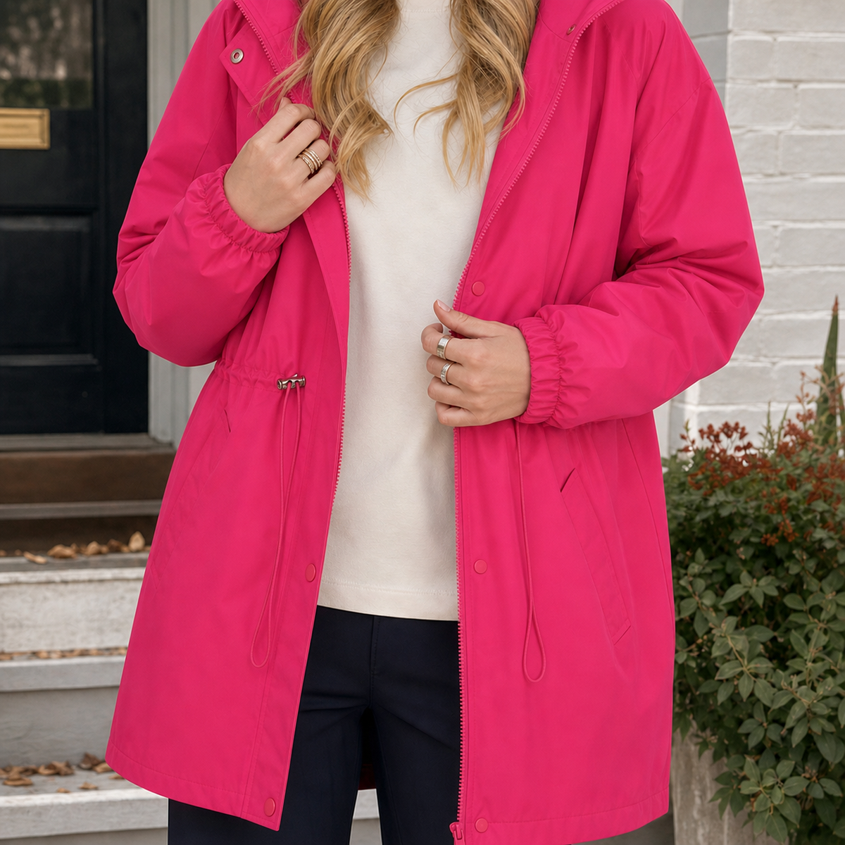 Hooded Jacket Polyester with Zip-and-Snap Front and Drawstring Waist