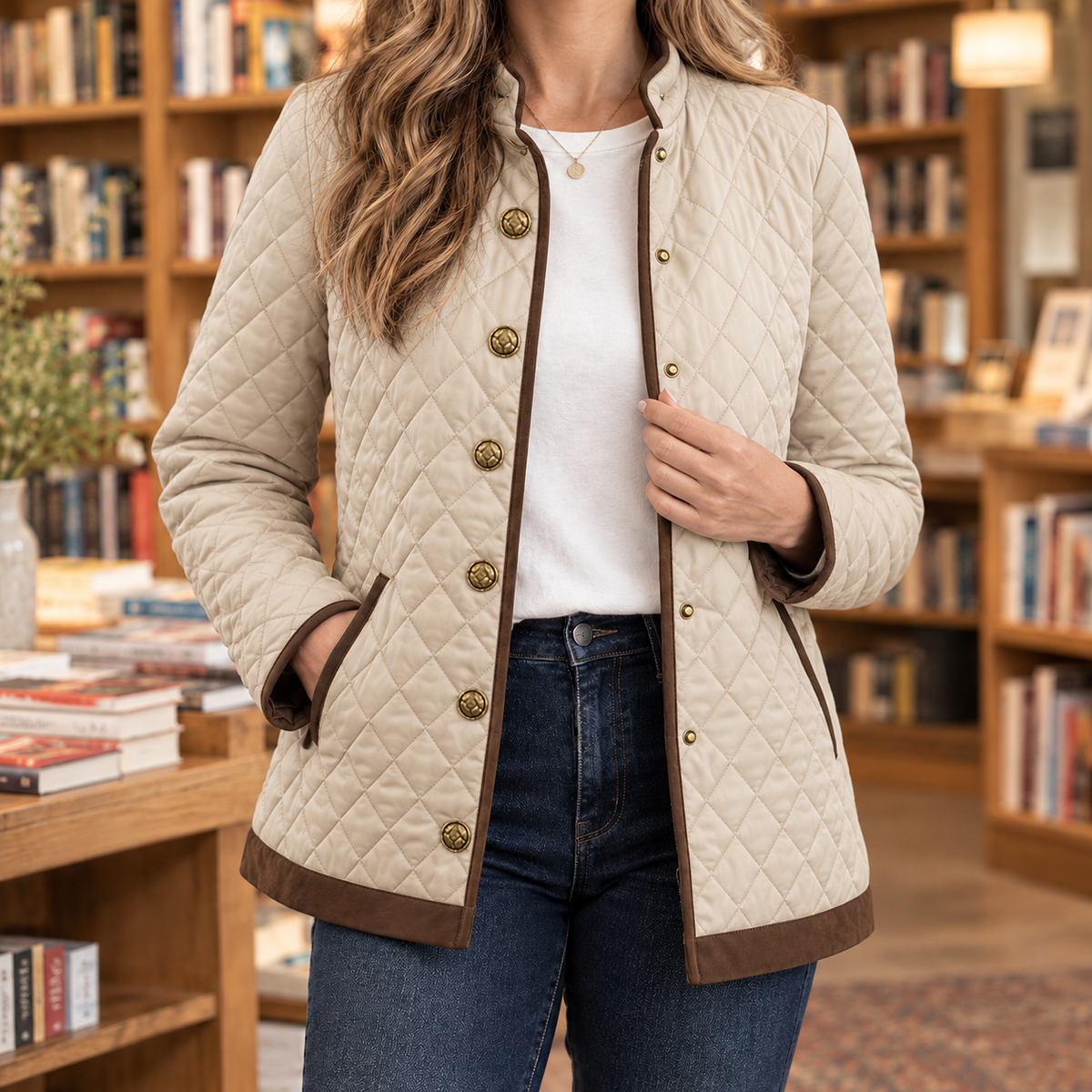 Quilted Jacket Polyester Diamond Quilting with Contrast Trim