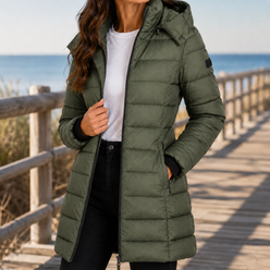 Quilted Jacket Polyester Longline with Hood, Full Zip and Side Pockets