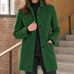 Coat Polyester Mid-Length with Raised Stand Collar and Patch Pockets