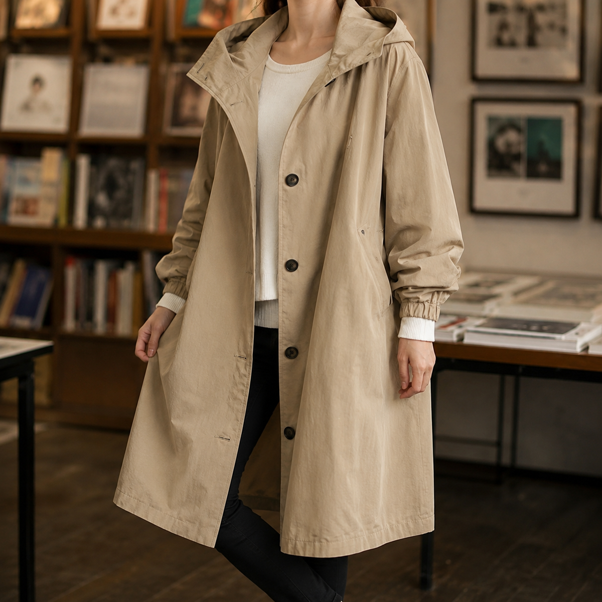 Hooded Coat Polyester Longline with Button Front and Side Pockets