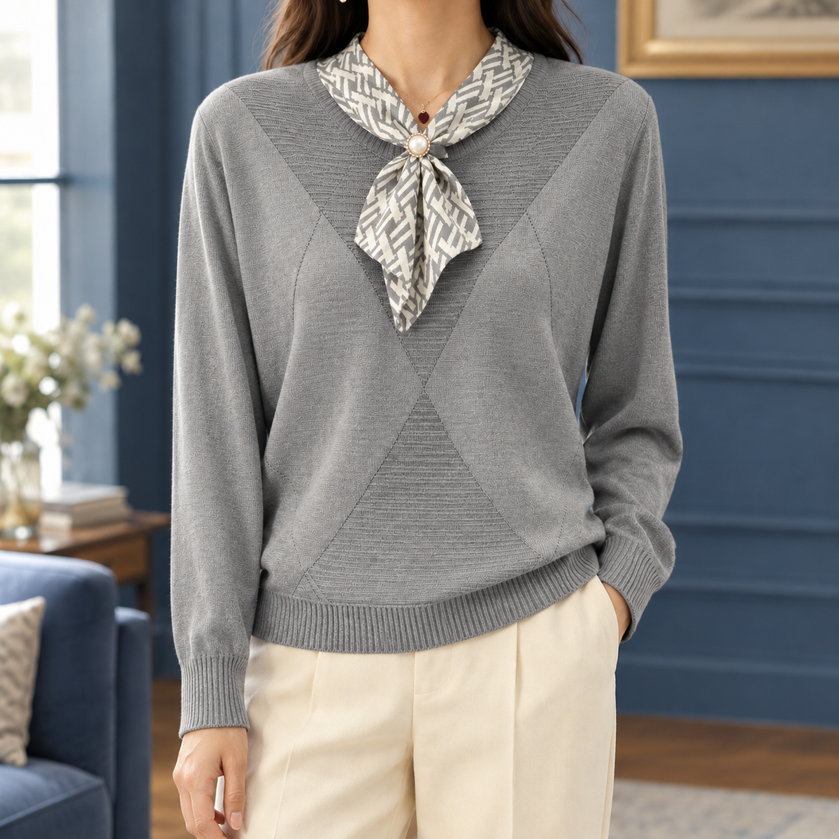 Scarf Neck Jumper with Patterned Tie